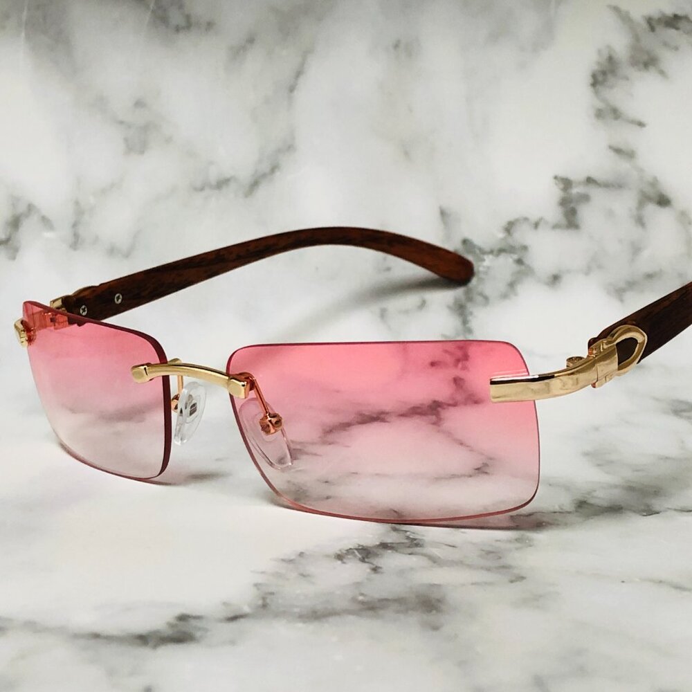 Women Men Sunglasses Pink Rimless Luxury Retro Shades Gold Metal Lentes Gafas